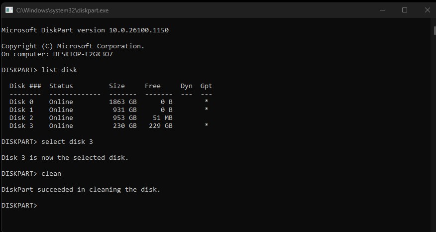 diskpart session showing list disk, select disk 3, and clean