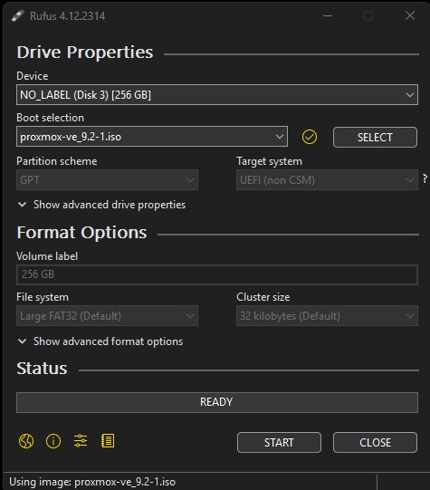 Rufus with the USB device and Proxmox ISO selected