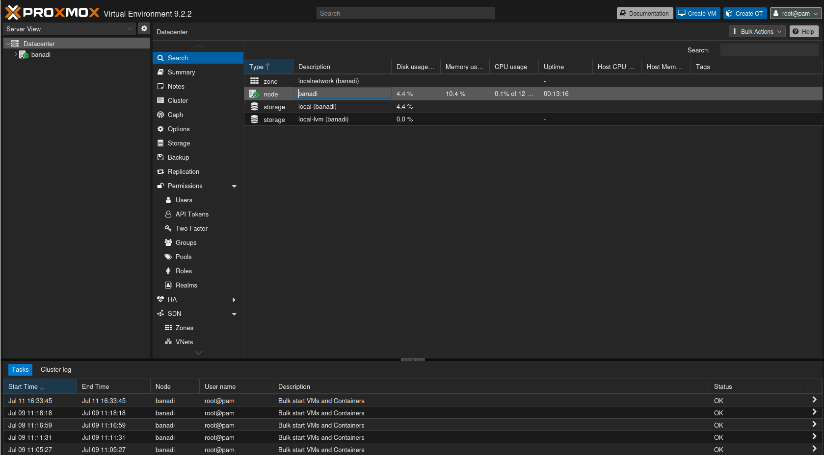 Proxmox VE web interface showing the datacenter view