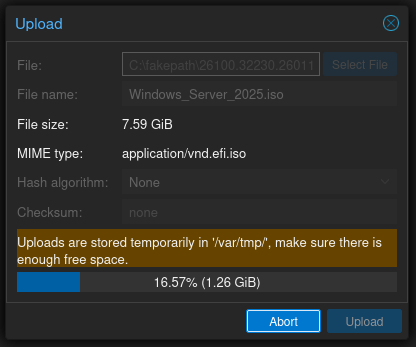 Proxmox ISO upload dialog showing Windows Server 2025 ISO uploading