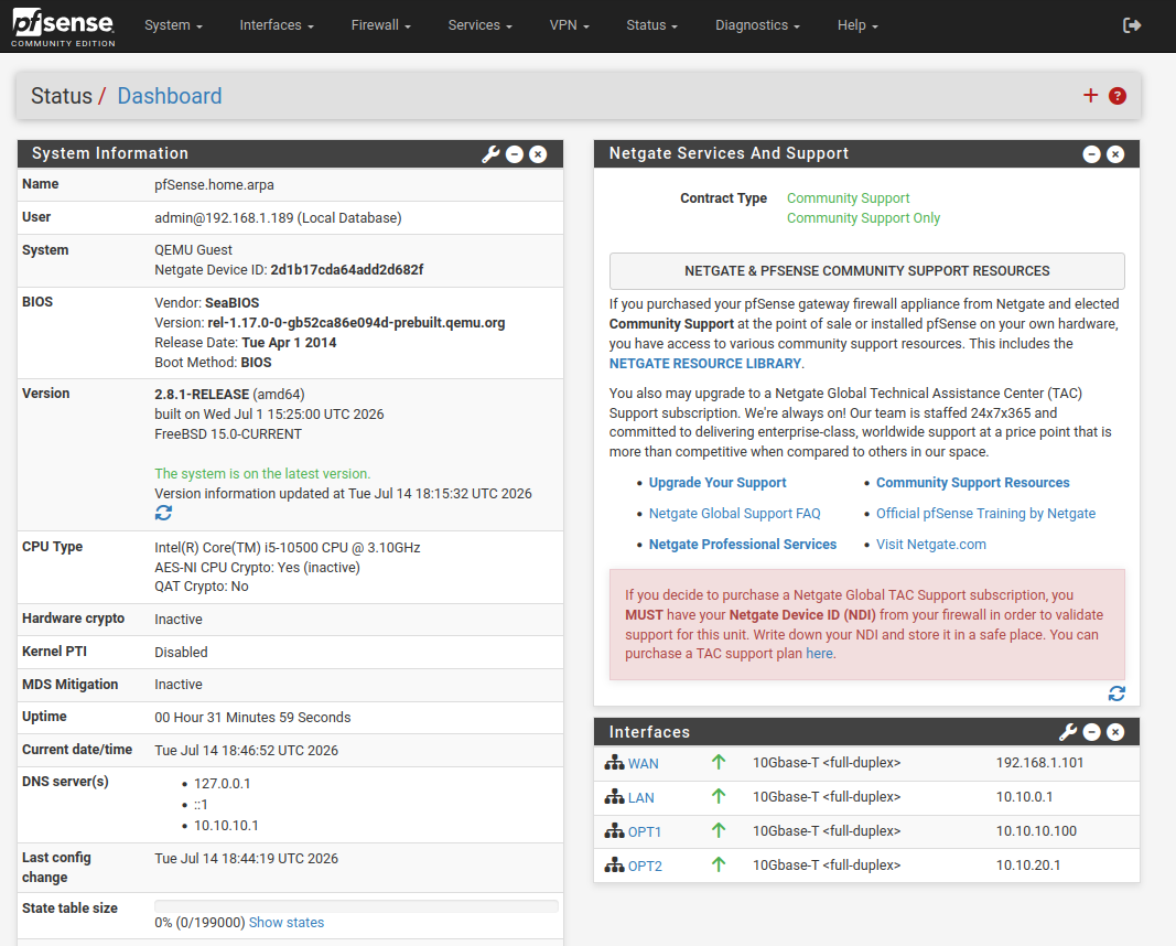 pfSense dashboard with WAN, LAN, OPT1, and OPT2 interfaces up