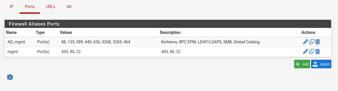pfSense port aliases: AD_mgmt with ports 88, 135, 389, 445, 636, 3268, 3269, 464 and mgmt with 443, 80, 22