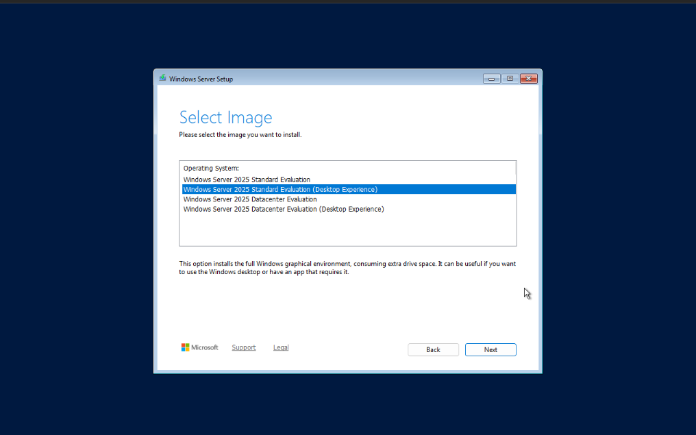 Windows Server 2025 setup with Standard Evaluation (Desktop Experience) selected