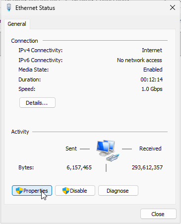 Ethernet Status dialog with Properties button highlighted
