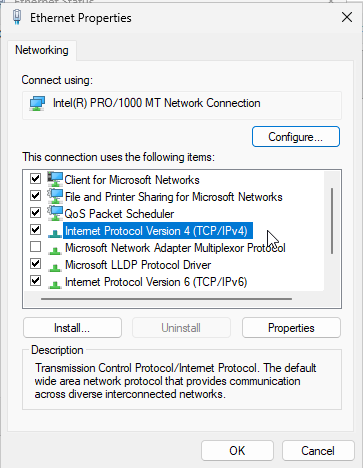 Ethernet Properties with Internet Protocol Version 4 highlighted