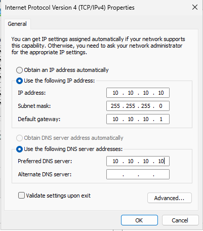 IPv4 properties with static IP 10.10.10.10, gateway 10.10.10.1, DNS 10.10.10.10