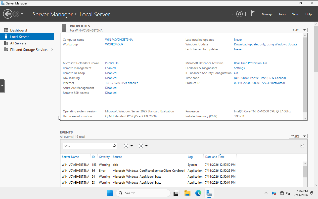 Server Manager Local Server panel with computer name highlighted