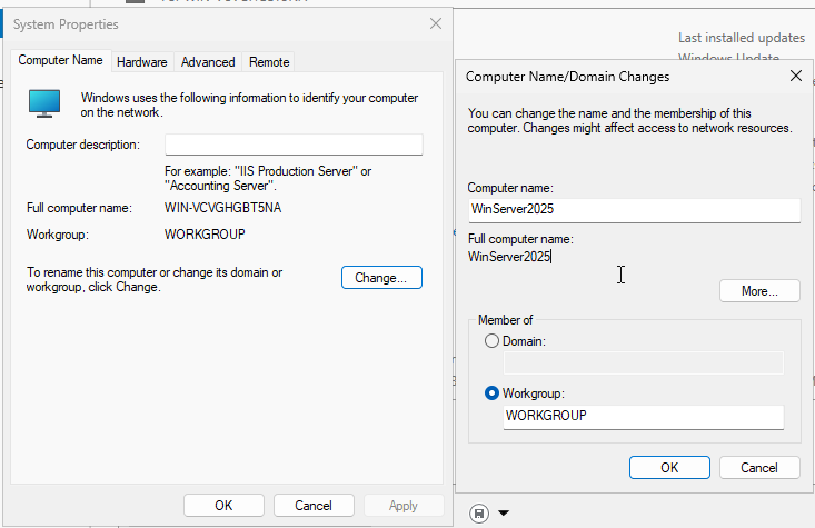 System Properties and Computer Name/Domain Changes dialogs renaming to WinServer2025