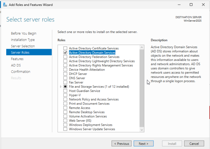 Add Roles and Features wizard with Active Directory Domain Services checked