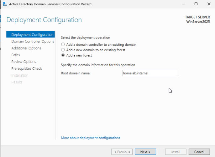 AD DS configuration wizard with Add a new forest selected and root domain name homelab.internal