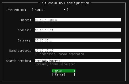 Ubuntu installer IPv4 configuration with address 10.10.10.11, gateway 10.10.10.1, name server 10.10.10.10