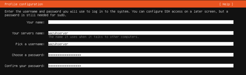 Ubuntu installer profile configuration with server name and username wazuhserver