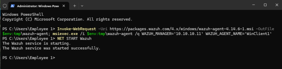 PowerShell installing the Wazuh agent MSI and starting the Wazuh service
